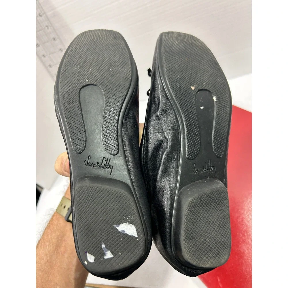 Sam & Libby Solid Ballet Flats 6.5M Black Leather Bow Balletcore Minimalist Chic
